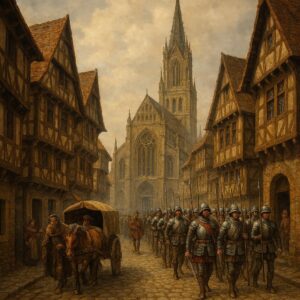 Germany, a land standing in the heart of Europe, has carried its history through centuries of conflict, unity, culture, and transformation. In ancient times, when German towns were still renowned for their cobblestone streets, timber-framed houses, and tall Gothic churches, life progressed amidst the beauty of architecture and the hardships of the era. Streets like the one seen in this image witnessed countless historical moments — from merchant caravans passing through to imperial soldiers marching in formation to protect their homeland.